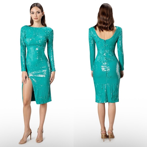 NWT Dress the Population Natalie sequins midi dress size small Capri blue teal - Picture 1 of 8